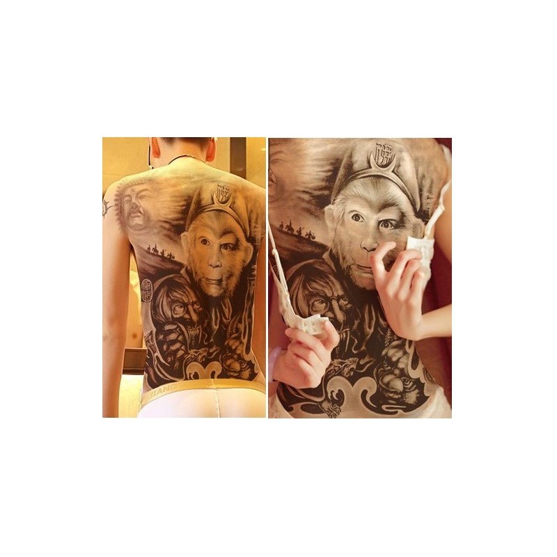 Dočasné tetovanie obrie na chrbát, čiernobiele, dizajn Opičí kráľ, Monkey king