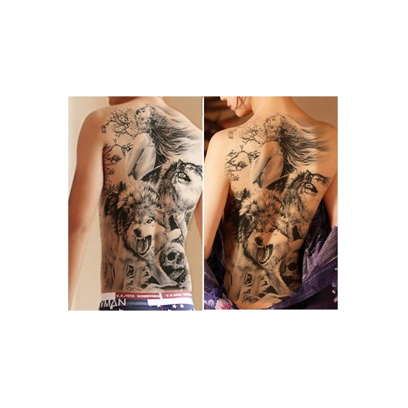 Tatuaż naklejany duży na plecy, design piękno i bestia