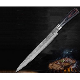 Dlhý úzky profesionálny kuchynský nôž Chef 10 "z damaskovej ocele VG-10, 67-ti vrstvový, pre šéfkuchára, na mäso, na sushi