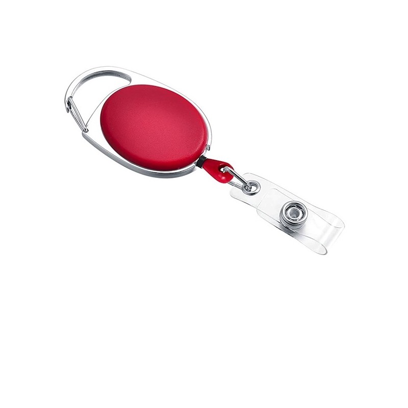Roller klip, přívěsek karabinka s navijákem, držák na ID s drukem červený Roller klip, přívěsek karabinka s navijákem, držák na ID s drukem červený
