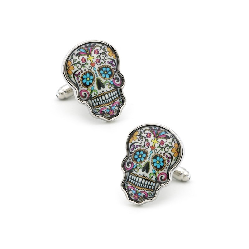 Manžetové knoflíčky barevná mexická lebka, catrina, skull Manžetové knoflíčky barevná mexická lebka, catrina, skull