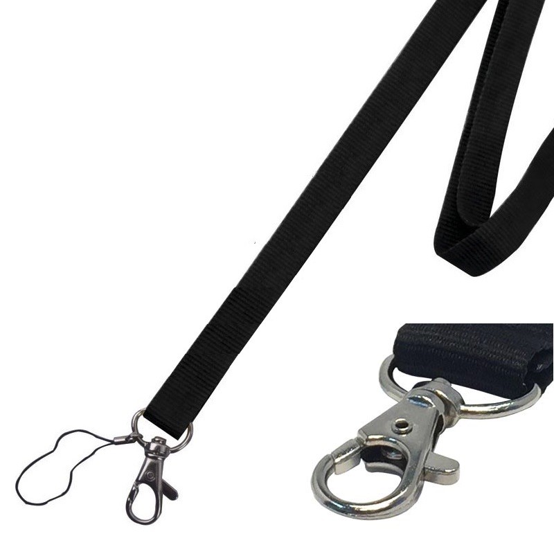 Lanyardy, šňůrky na krk 2cm, s kovovou karabinkou a očkem, bez potisku černé Lanyardy, šňůrky na krk 2cm, s kovovou karabinkou a očkem, bez potisku černé