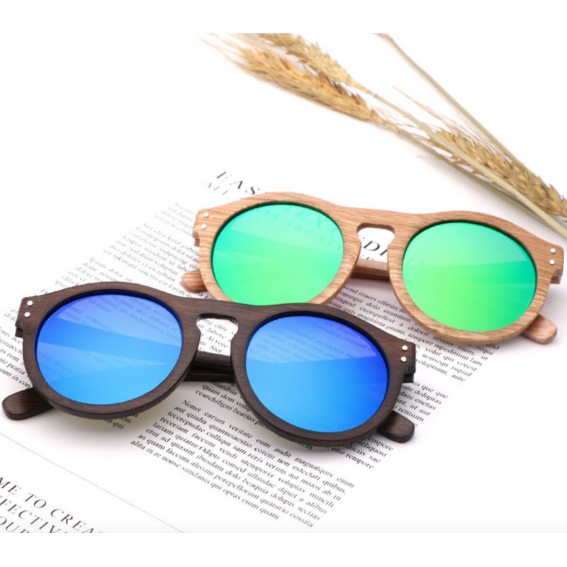 Dřevěné bambusové sluneční brýle Havana s barevnými zrcadlovými skly