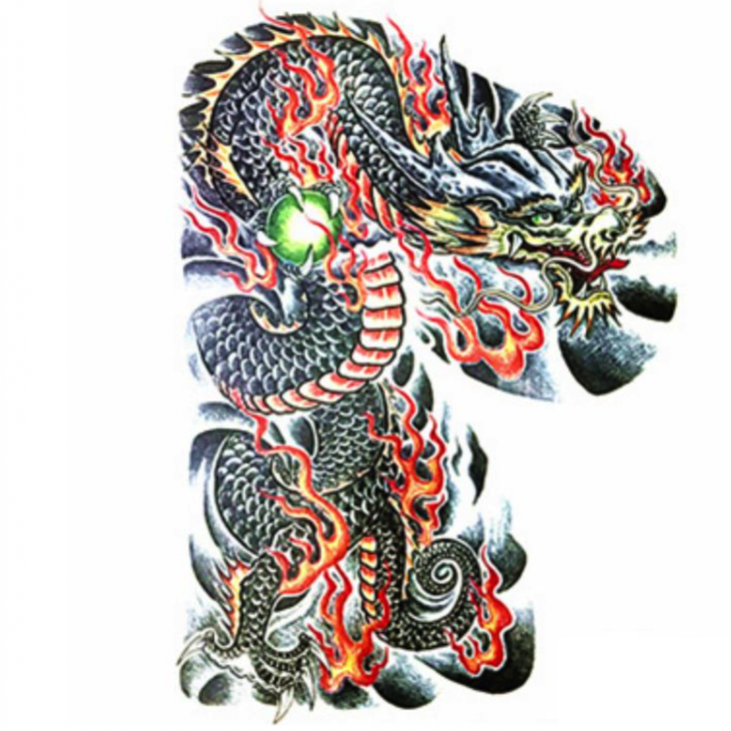 Tetování veliké na celá záda, smývatelné, design ohnivý drak, dragon