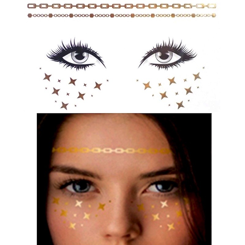 Nalepovací metalické dočasné tetování na obličej zlaté hvězdy a řetízky