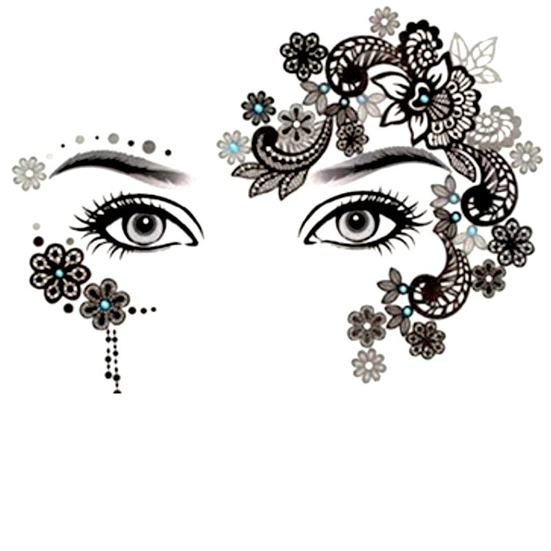 Jednorazowy tymczasowy tatuaż na twarz czarne kwiaty, diamenty