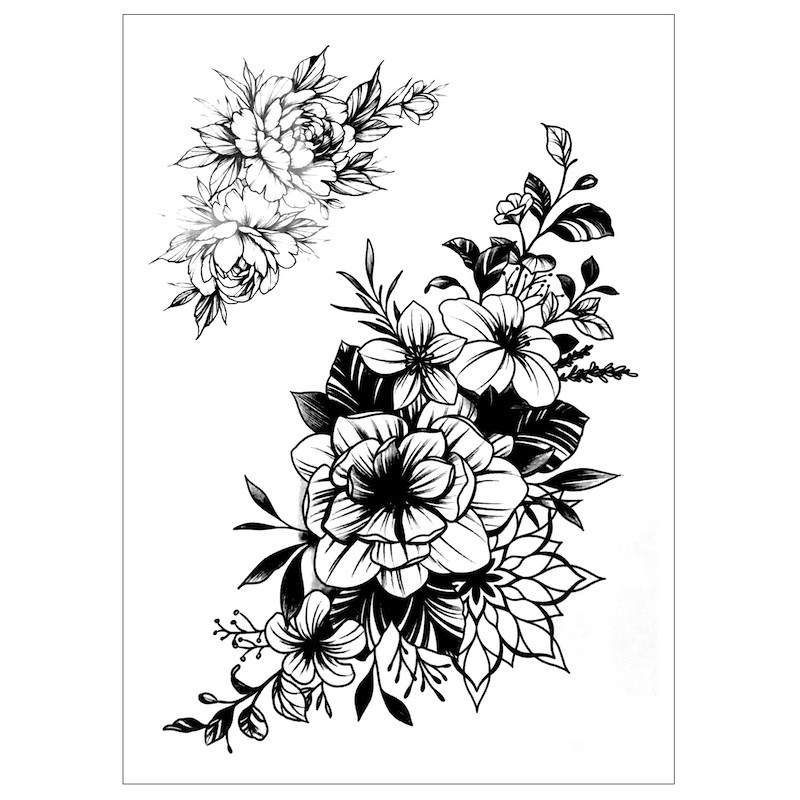 Tymczasowy samoprzylepny tatuaż czarno-biały kwiatowy, piwonie, kwiaty