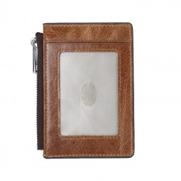 RFID/NFC mini portfel, ze skóry naturalnej, z suwakiem i okienkiem