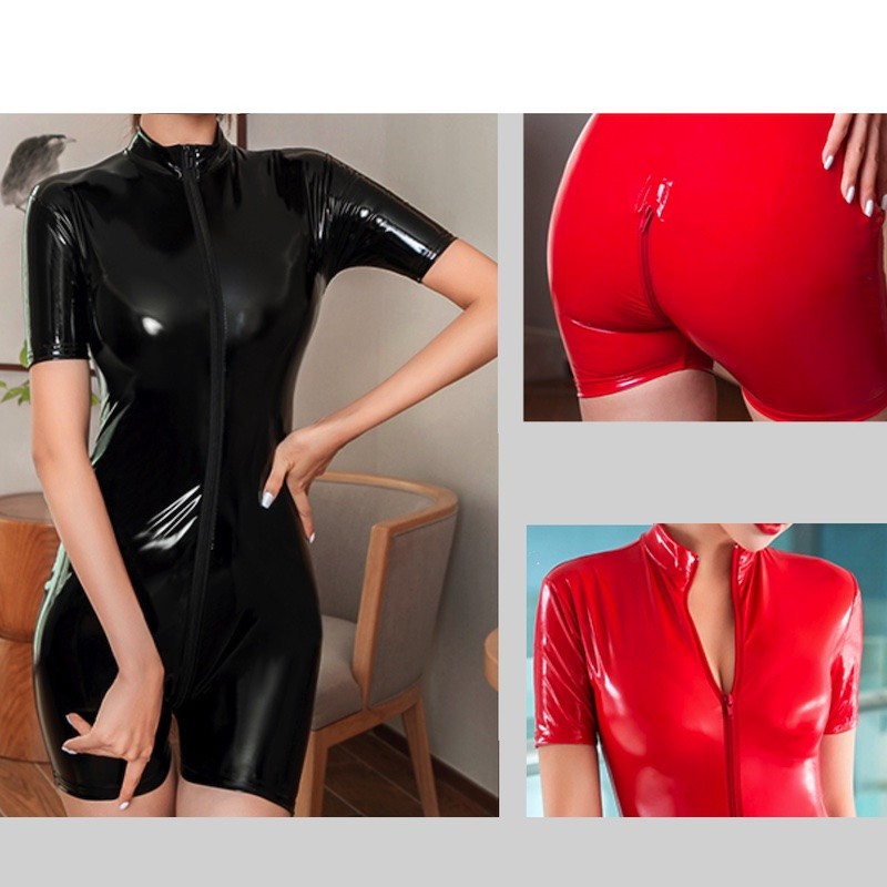 Erotyczne lakierowane body, krótki catsuit z dwukierunkowym suwakiem