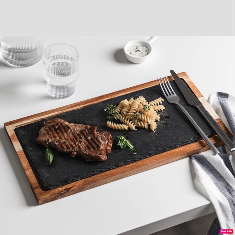 Téglalap alakú  fa és pala tálaló tálca, 38x19cm