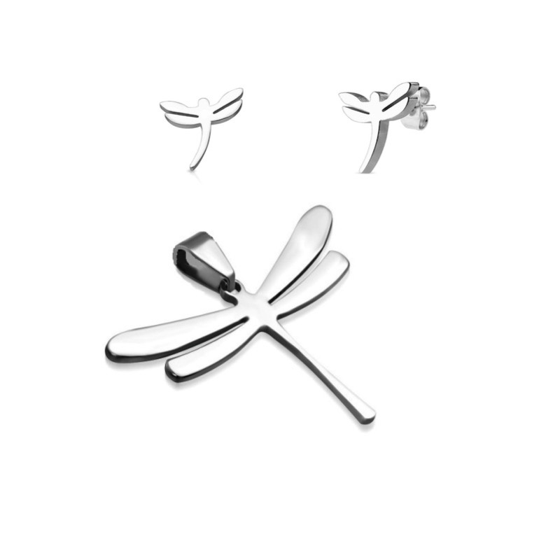 Rozsdamentes acél ékszer készlet, kicsi fülbevaló és szitakötő medál