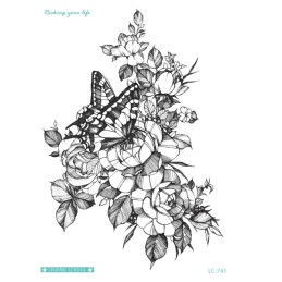 Dočasné nalepovacie tetovanie čiernobiele kvetinové, pivónie, kvety