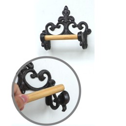 Żeliwny rustykalny uchwyt na papier toaletowy, drewno, metal, vintage