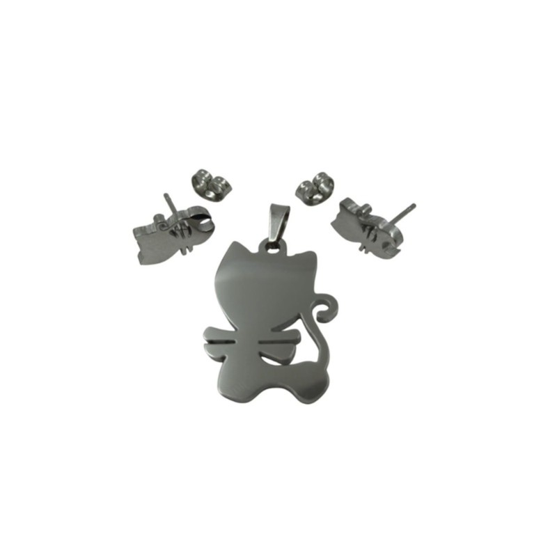 Zestaw biżuterii zawieszka i kolczyki kot, kotek ze stali chirurgicznej