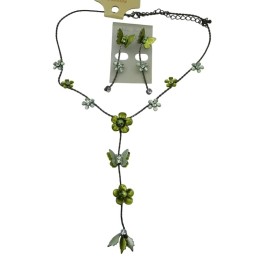 Komplet biżuterii zielony, kwiaty i motyle