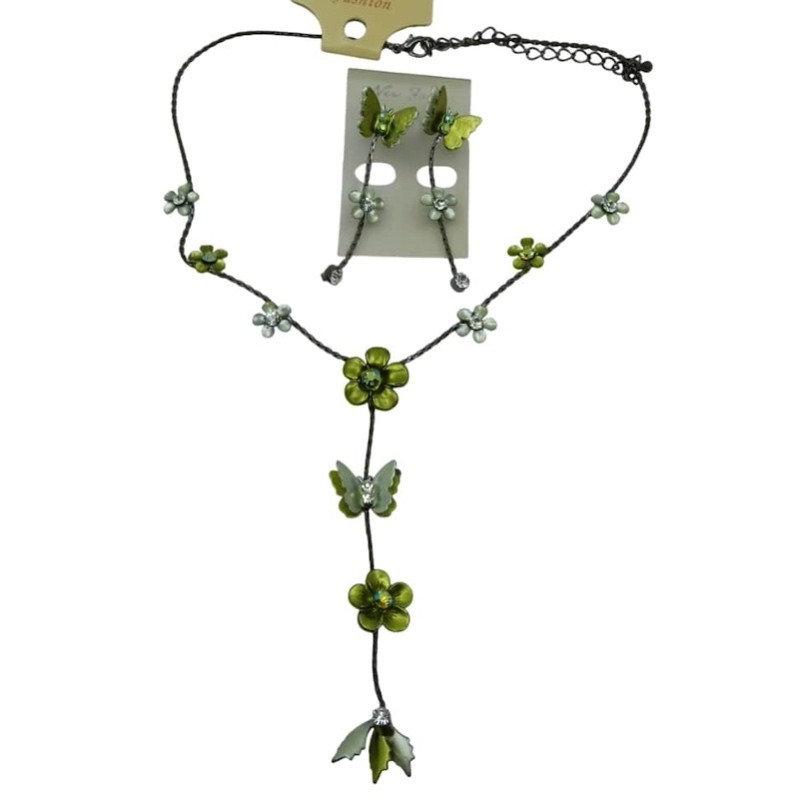 Komplet biżuterii zielony, kwiaty i motyle