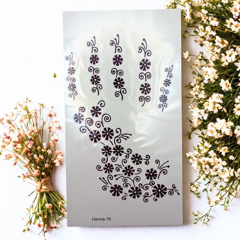 Henna nalepovací tetování na ruku, na hřbet ruky, ornamenty, květy