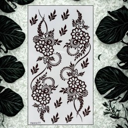 Henna barna színű  matrica tetoválás virágokkal és levelekkel díszítve